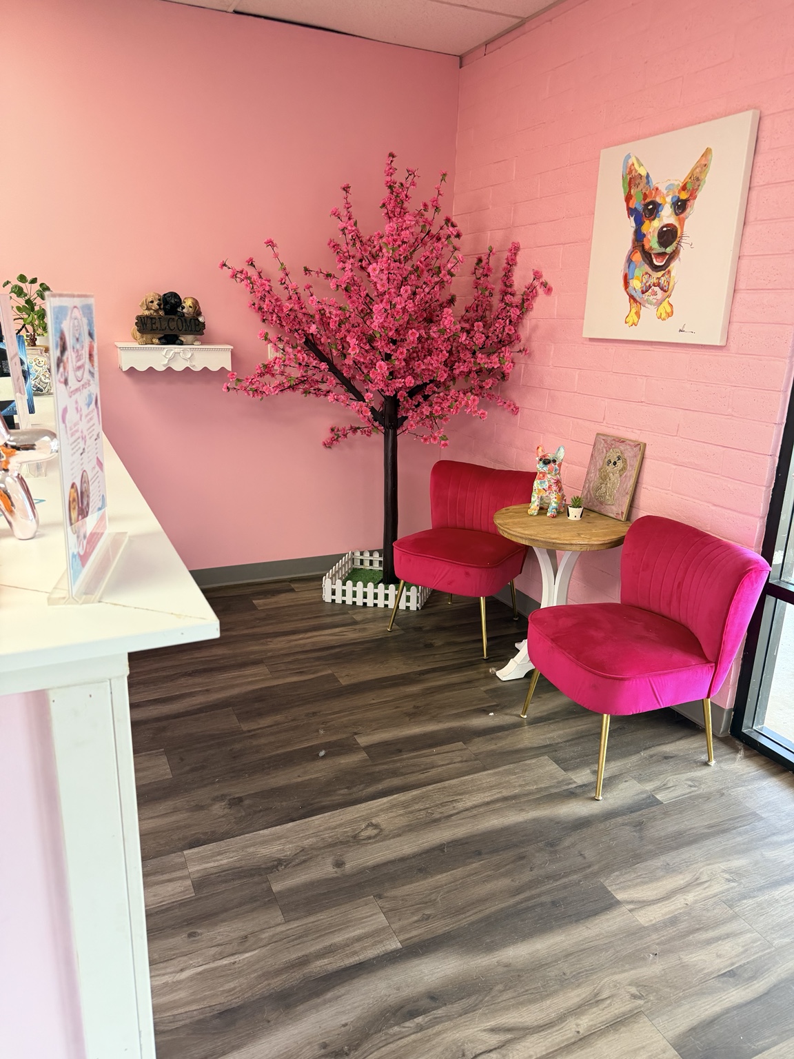 Ellie’s Grooming reception area with pink chairs and a blossom tree